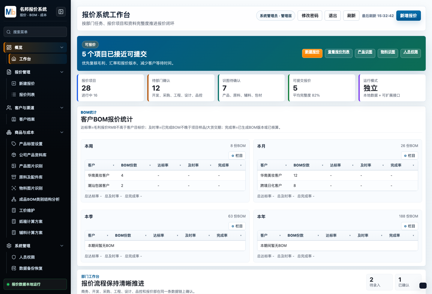 名邦智能报价系统工作台界面截图